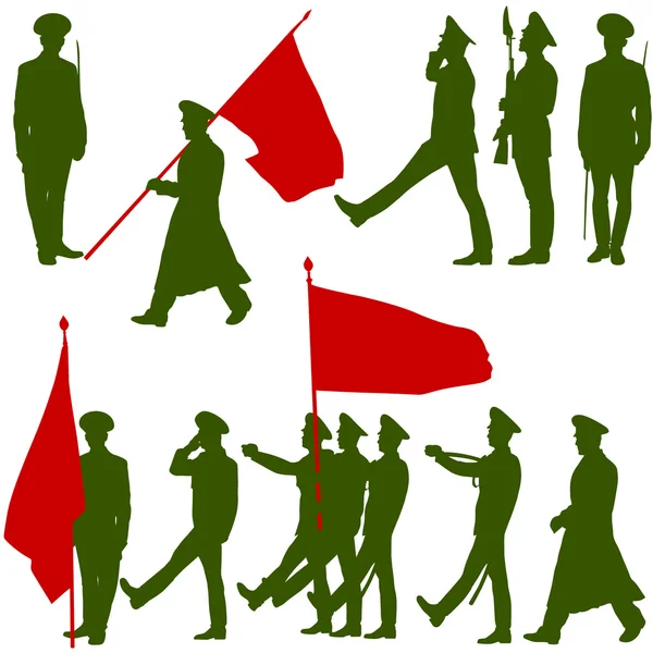 Pessoas militares de silhueta com coleção de bandeiras. Vector illu — Vetor de Stock