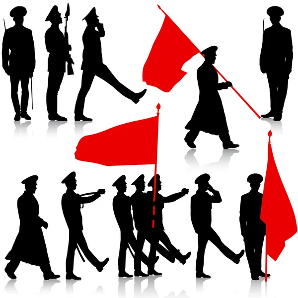 Στρατιωτική τους ανθρώπους σιλουέτα με σημαίες συλλογή. Διάνυσμα illu — Διανυσματικό Αρχείο