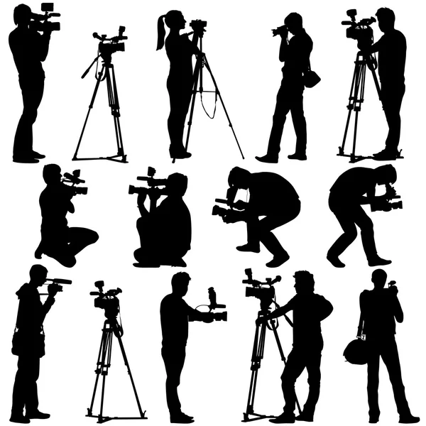 Cameraman with video camera. Silhouettes on white background. Ve — Stock Vector