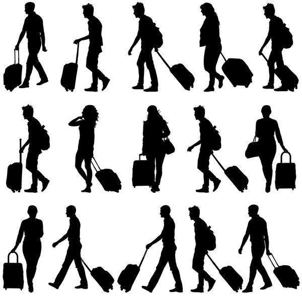 Svarta silhuetter resenärer med resväskor på vit bakgrund. — Stock vektor