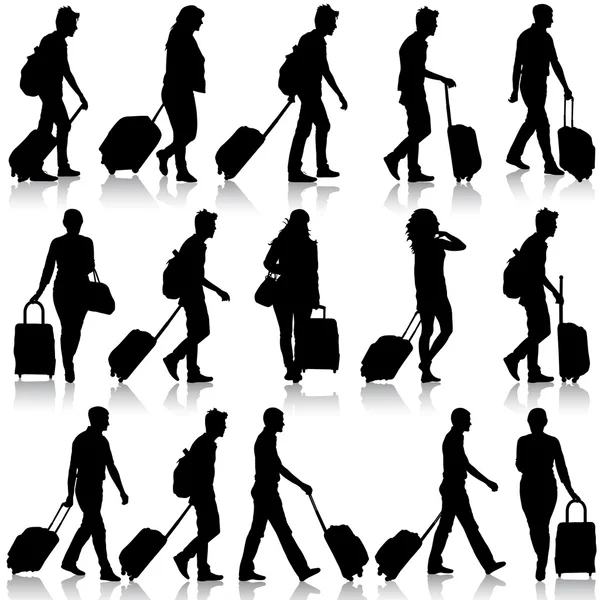 Black silhouettes travelers with suitcases on white background. — Stock Vector