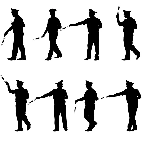 Set siluetas negras Oficial de policía con una varilla en respaldo blanco — Archivo Imágenes Vectoriales