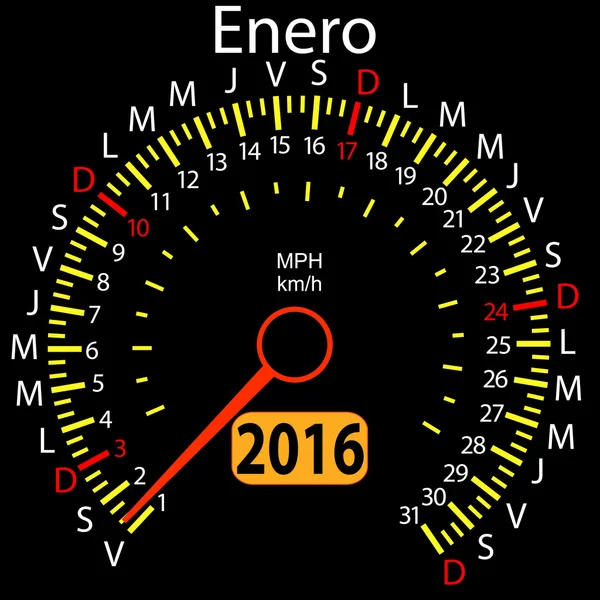 2016 año calendario velocímetro coche en español, enero. Vector i — Archivo Imágenes Vectoriales