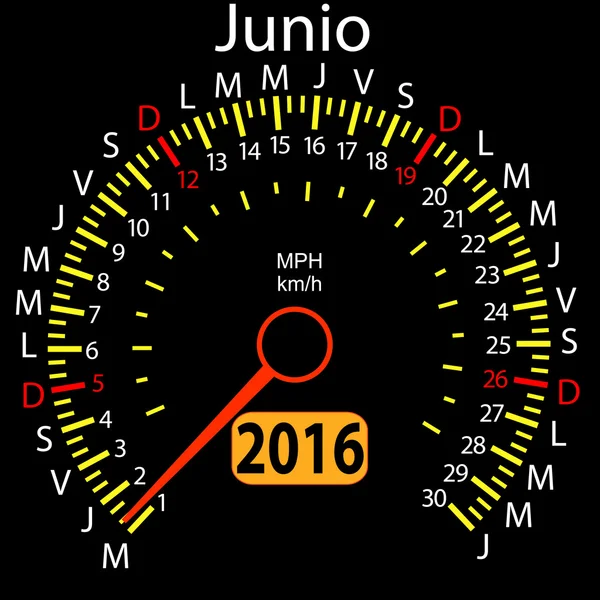 2016 års kalender hastighetsmätare bil på spanska, juni. Vector filterrengöring — Stock vektor