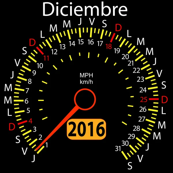 2016 yıl hız göstergesi araba İspanyolca, Aralık Takvim. Vektör — Stok Vektör