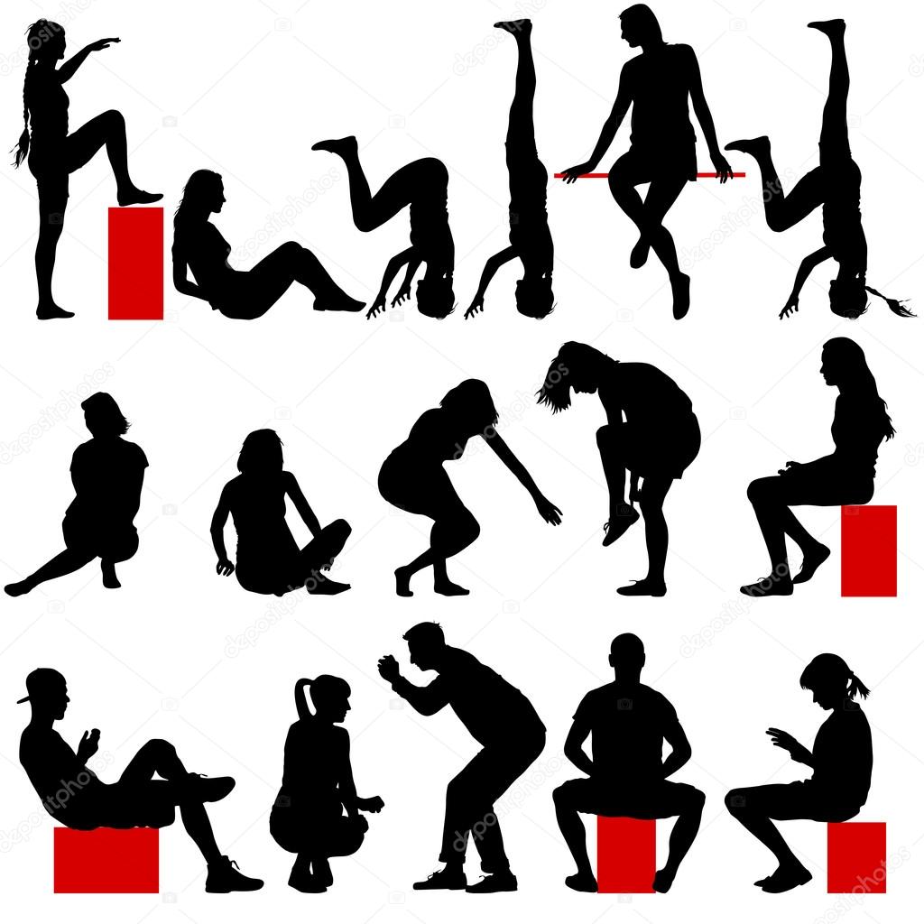 Black silhouettes of men and women in a pose sitting on a white 