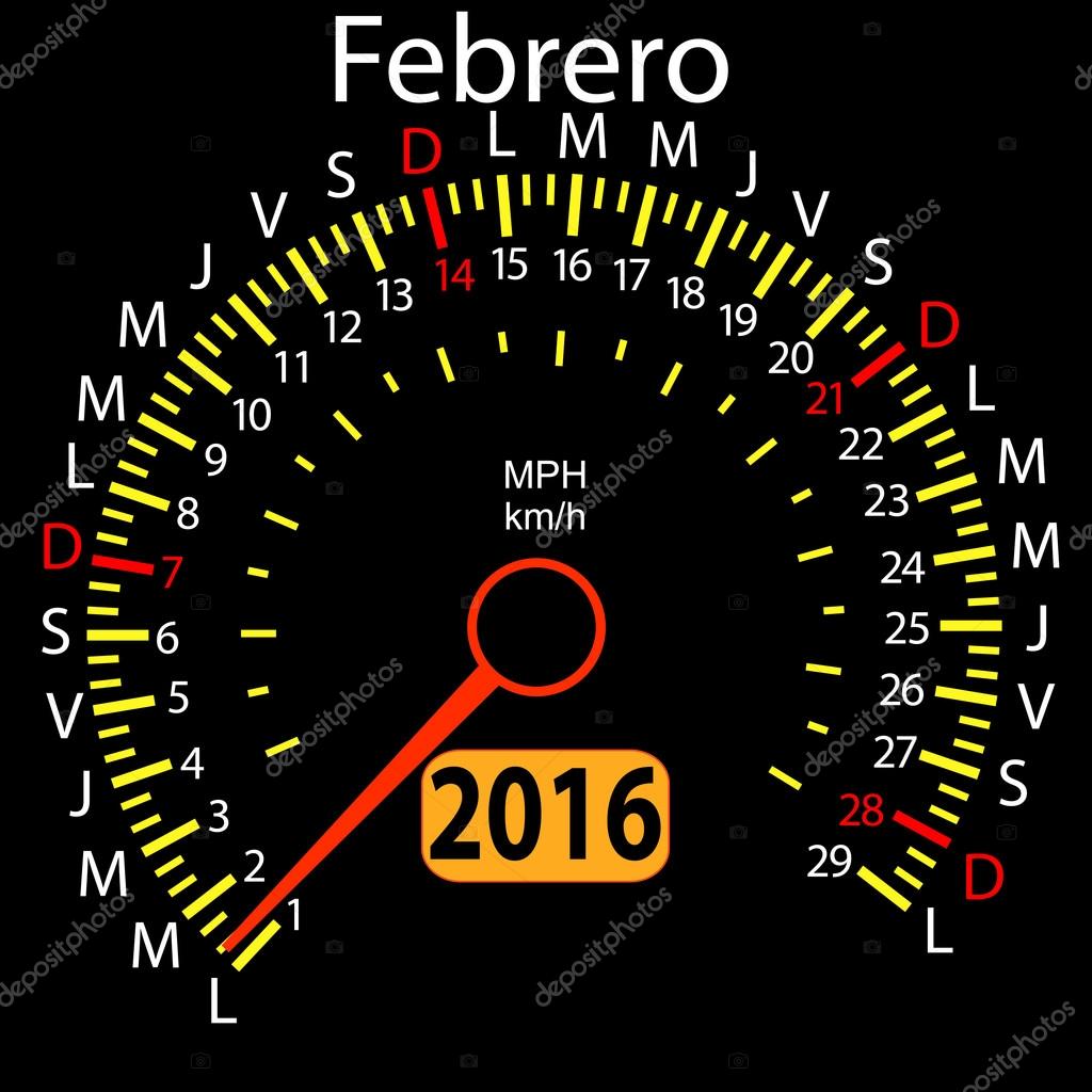 16 年カレンダー 2 月のスペイン語でスピード メーター車 ベクトル ストックベクター C rrows