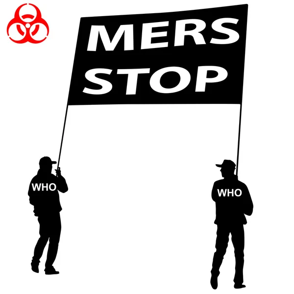 Άνθρωποι φέρουν μια αφίσα σημάδι σταματήσει Mers ιό κορώνας. Διάνυσμα εικονογράφο — Διανυσματικό Αρχείο