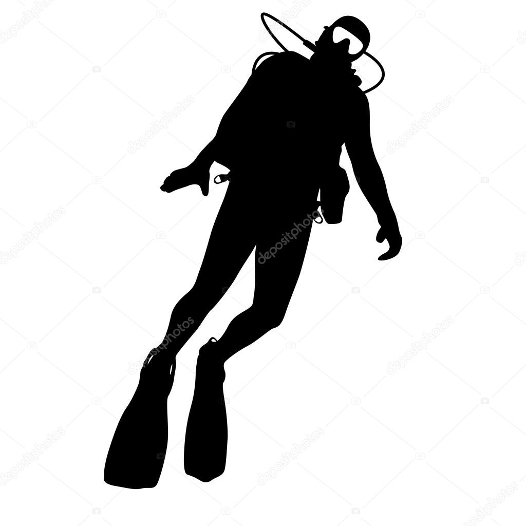 Black silhouette scuba divers. illustration.