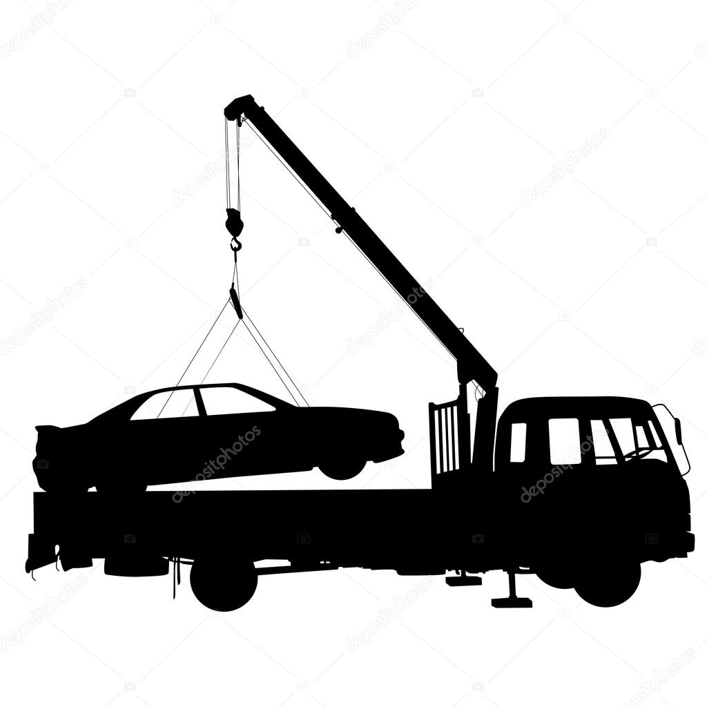 Black silhouette Car towing truck.  Vector illustration.
