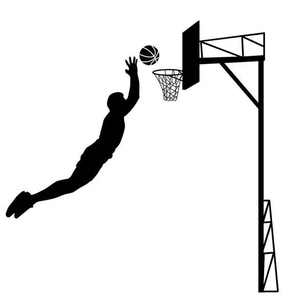Zwarte silhouetten van mannen spelen basketbal op een witte pagina — Stockvector