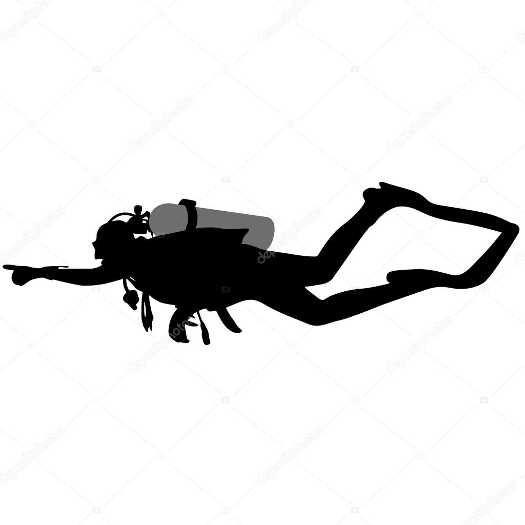 Black silhouette scuba divers. Vector illustration.