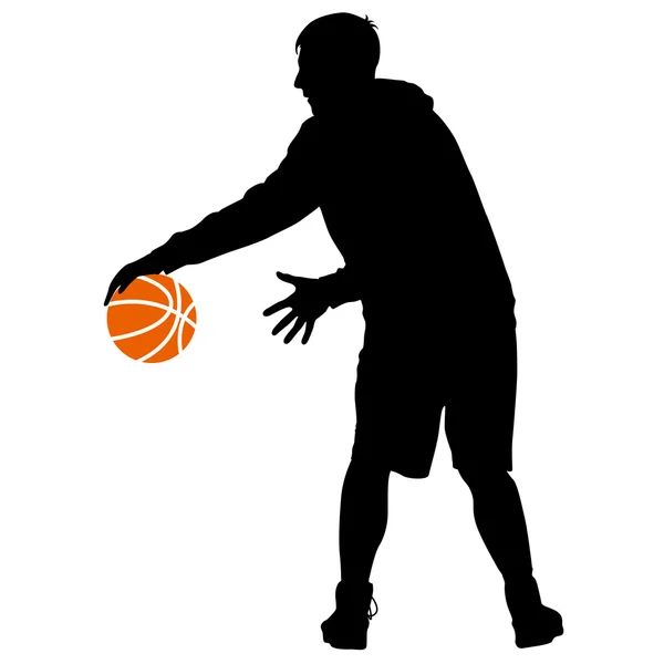 Silhuetas pretas de homens jogando basquete em um backgroun branco — Vetor de Stock