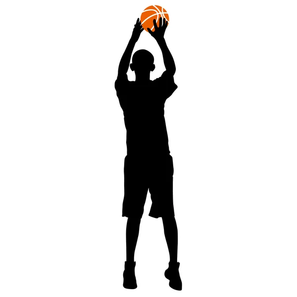 Черные силуэты мужчин, играющих в баскетбол на белой спине — стоковый вектор