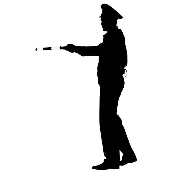 Black silhouettes  Police officer  with a rod on white backgroun — Stock Vector