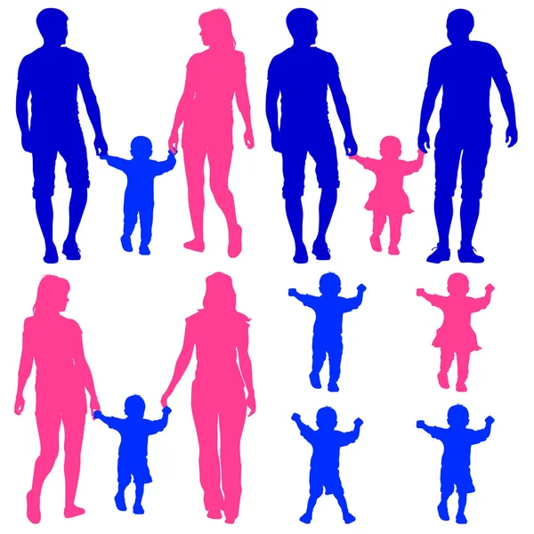 Blå, rosa siluetter Gay, lesbisk par och familj med chil — Stock vektor
