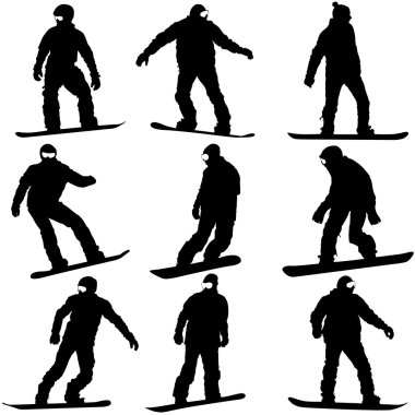 siyah siluetler snowboard beyaz arka plan üzerinde ayarlayın. Ben vektör