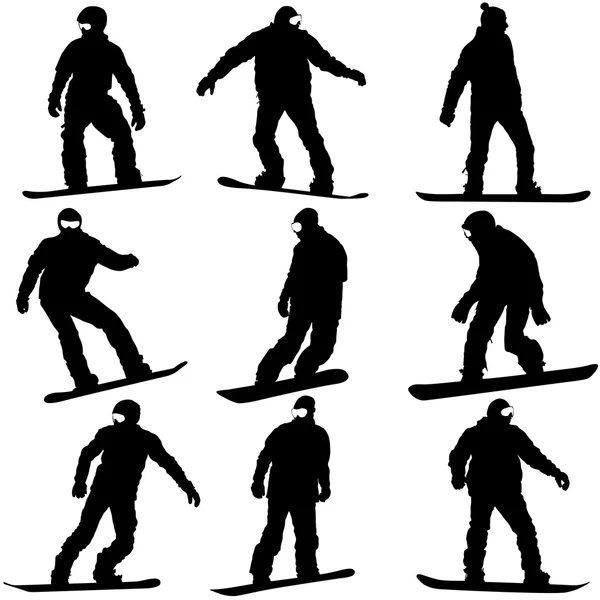 Las siluetas negras establecen snowboarders sobre fondo blanco. Vector i — Archivo Imágenes Vectoriales