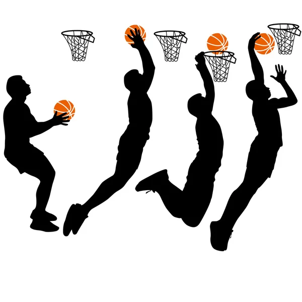 Silhouettes noires d'hommes jouant au basket sur un fond blanc — Image vectorielle