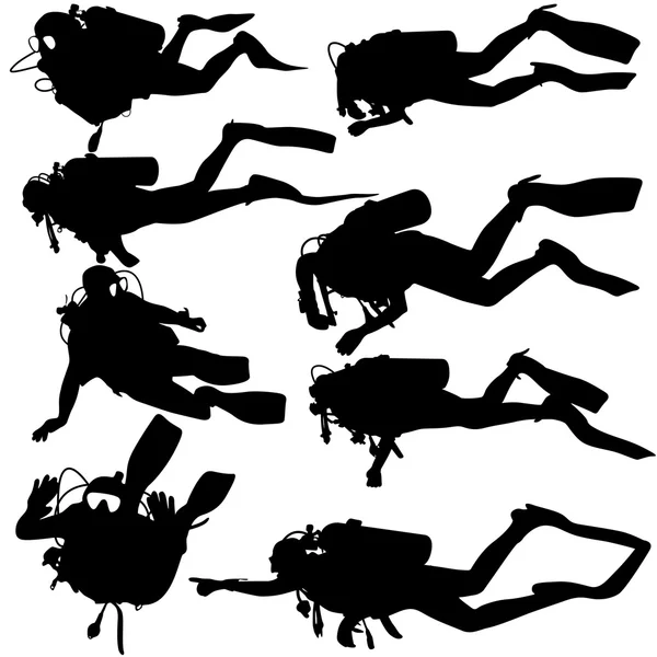 Set black silhouette scuba divers. Vector illustration. — Stock Vector