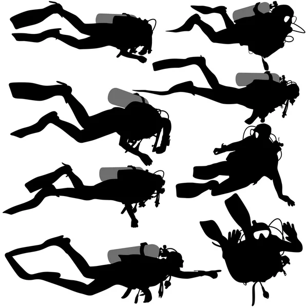 Set nero silhouette subacquei. Illustrazione vettoriale . — Vettoriale Stock