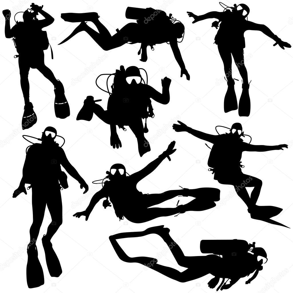 Set black silhouette scuba divers. Vector illustration.