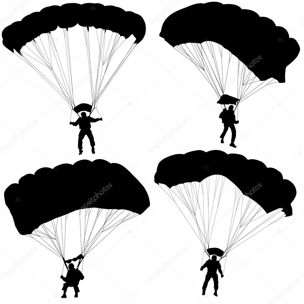 Set skydiver, silhouettes parachuting vector illustration