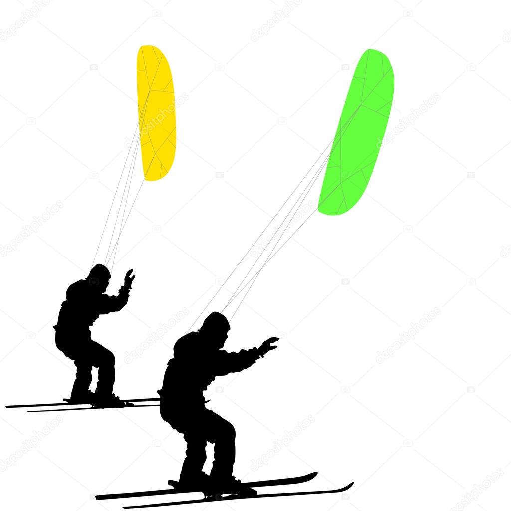 Men ski kiting on a frozen lake.  Vector illustration.
