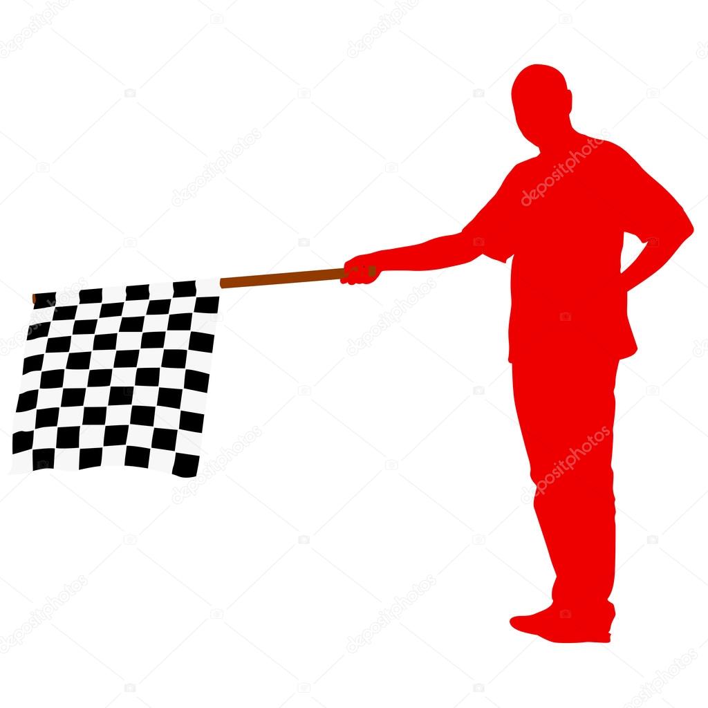 Man waving at the finish of the black white, checkered flag. Vec