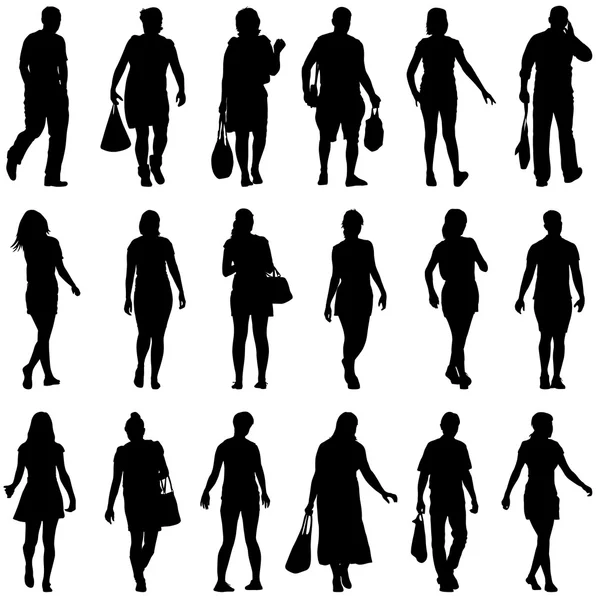 Svarta silhuetter av vackra mans och kvinnas på vit ba — Stock vektor