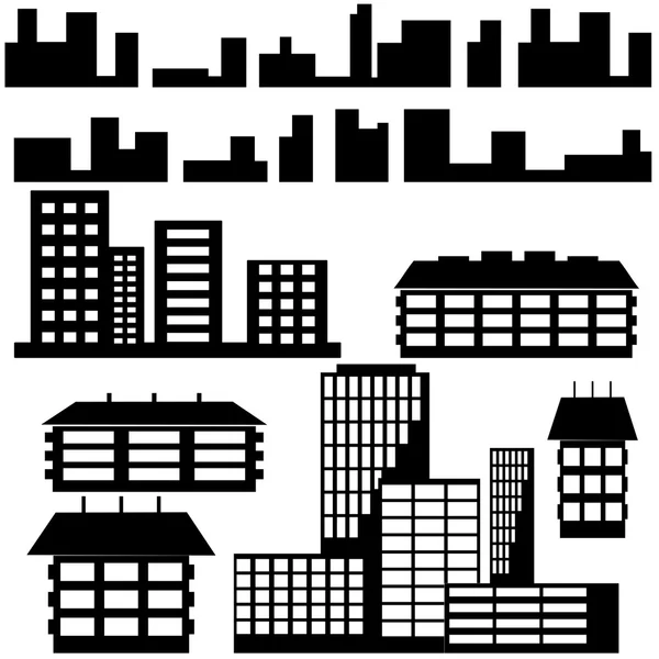 Silhouetten von Häusern und Ikonen von Gebäuden. Vektorillustration — Stockvektor