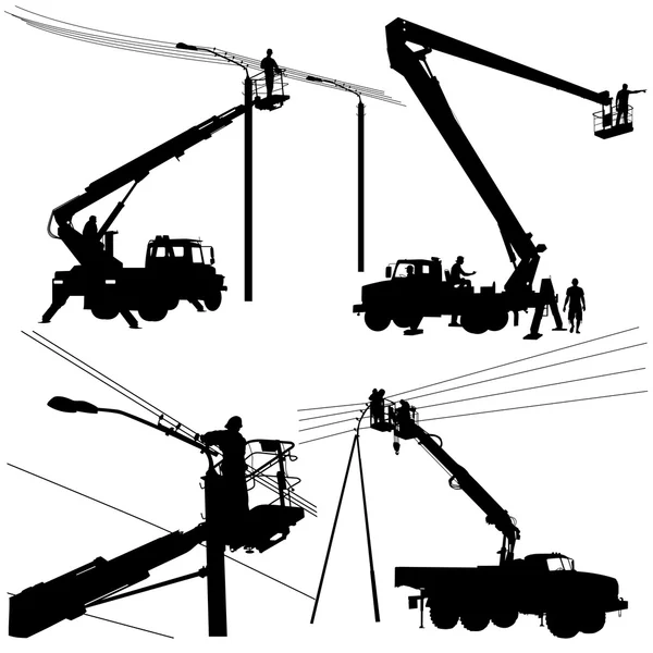 Electrician, making repairs at a power pole. Vector illustration — Stock Vector