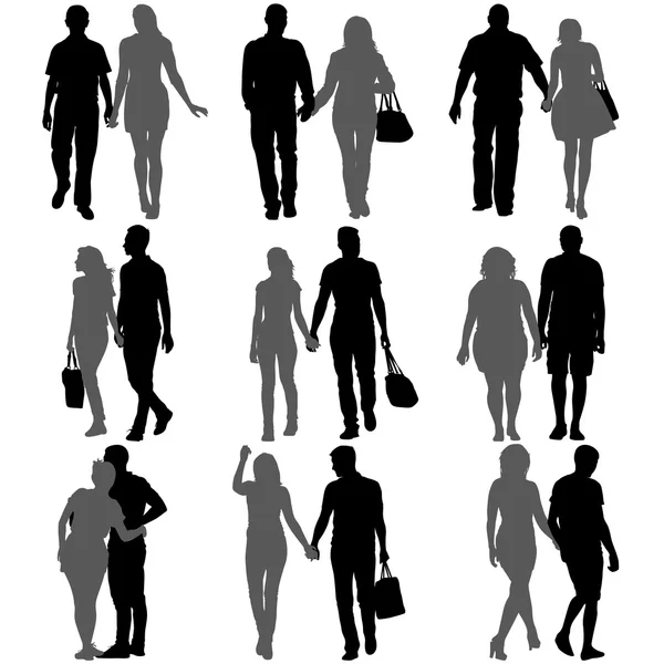 Couples silhouettes homme et femme sur fond blanc. Illustration vectorielle — Image vectorielle