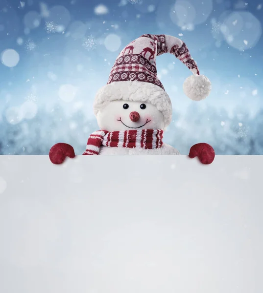 Glücklicher Schneemann Der Winterkulisse Hinter Dem Leeren Werbebanner Mit Kopierfläche Stockbild