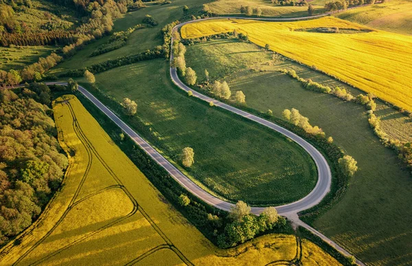 Aerial View Curvy Road Masurian Landscape Sunset — Stock Photo, Image