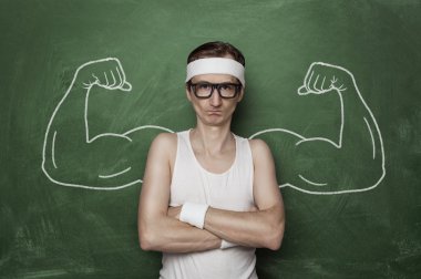 Funny nerd flexing fake muscles clipart