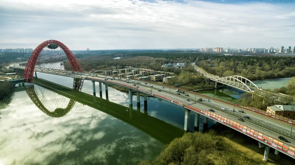Aerial view modern cable-stayed Zhivopisny bridge, Moscow
