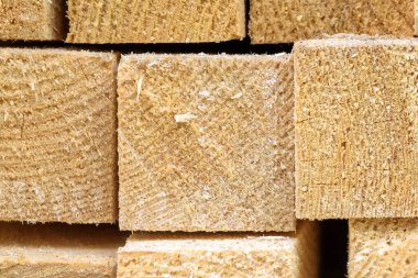 Lumber close-up in sawmill, ends of timber blocks for texture background. New sawed wood in storage, detail of stack of wooden boards in warehouse or factory yard. Construction material concept. clipart
