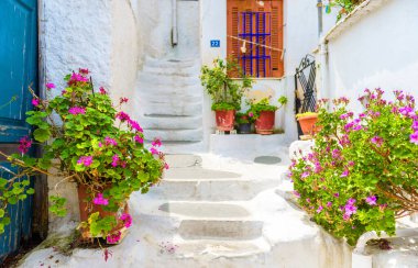 Plaka bölgesinde, Atina, Yunanistan 'da bir sokak. Plaka, Atina 'nın turistik ilgi odağı. Atina 'nın Anafiotika semtindeki Akropolis yakınlarındaki güzel kaldırım merdivenleri. Eski evlerin arasında çiçekli sıcak merdivenler..