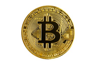 Bitcoin beyaz arka planda izole edilmiş, sanal kripto para birimi bitcoin yakın plan. Altın para üzerindeki bitcoin sembolünün ön görüntüsü. Çevrimiçi ödeme, madencilik, dijital para ve elektronik iş kavramı.