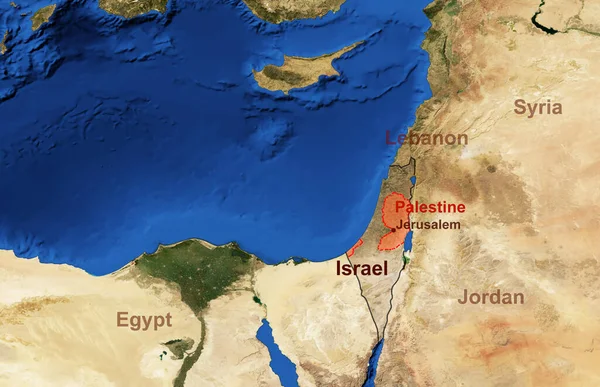 Israel and Palestine map in satellite photo, flat view of Israeli-Palestinian conflict territory from space. Detailed Middle East map with Israel borders. Elements of this image furnished by NASA.