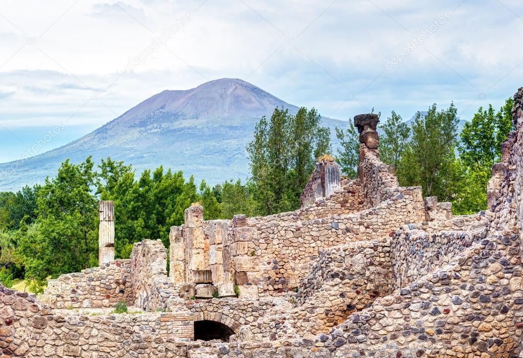 Ruins of Pompeii with Vesuvius in the distance, Italy