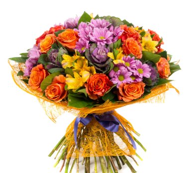 Bouquet of natural orange roses and colorful flowers clipart