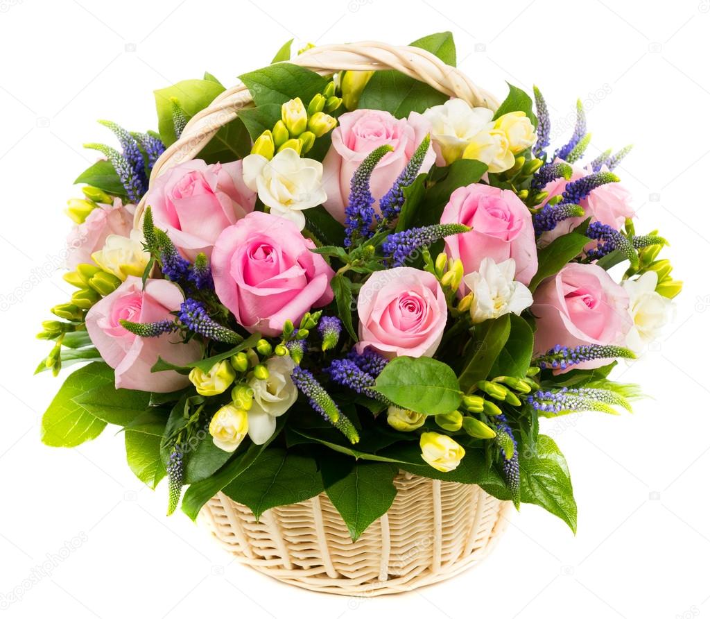 Natural pink roses in a basket