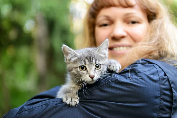 Kitten on the girl 's shoulder — стоковое фото