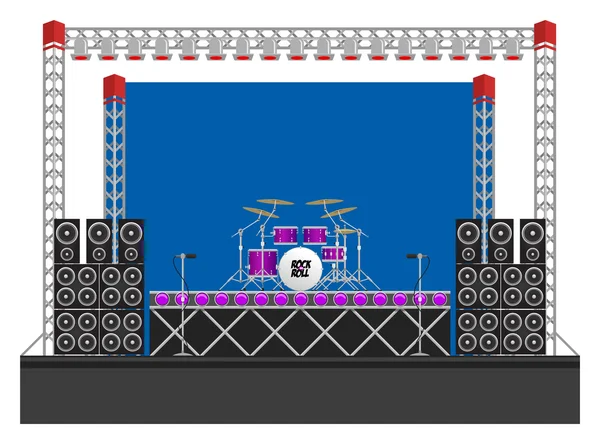 Nagy koncert szakaszban a hangszórók és a dobok — Stock Vector