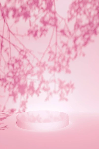 ピンクの背景に柔らかい木の影を持つ空のシーンとシリンダーの表彰台 — ストック写真