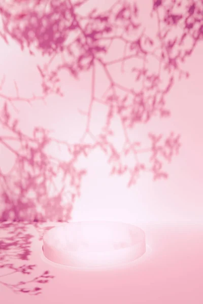 ピンクの背景に柔らかい木の影を持つ空のシーンとシリンダーの表彰台 — ストック写真