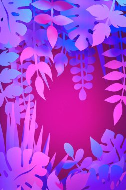 Neon renkli kağıt kesimli orman bitkilerinin olduğu neon renkli bir sahne.