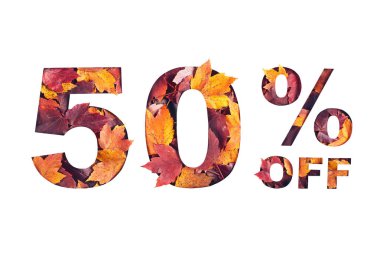  Kırmızı akçaağaç yapraklarının dokusuyla dolu metinde yüzde 50 indirim var.